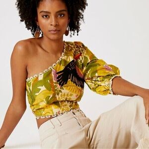 FARM Rio One-Shoulder Floral Crop Top in Mustard and Olive